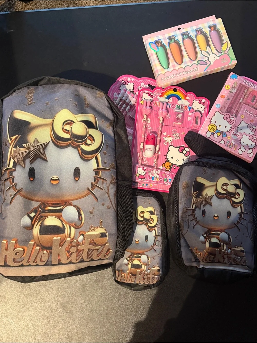 Hello Kitty Metallic Gold and Black Backpack + Matching Pouch Set